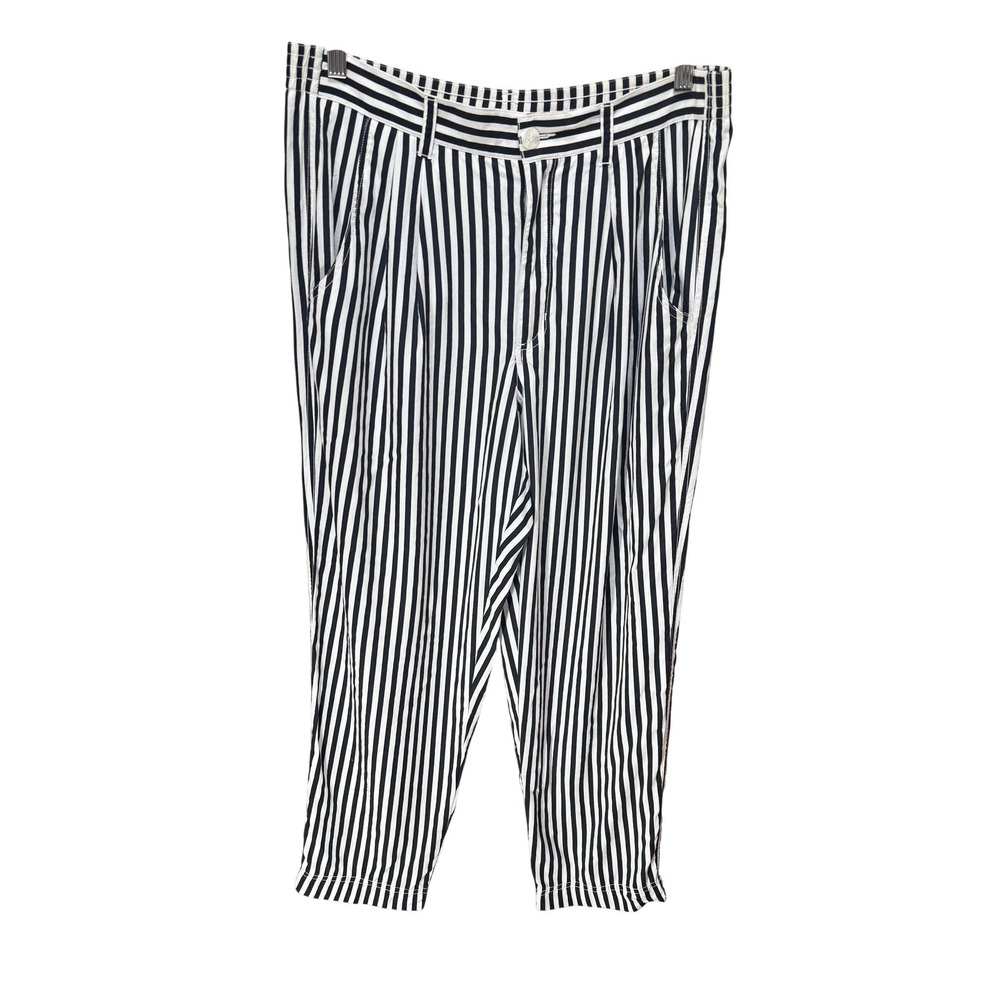 Lizwear Pants Women 10 Black Striped Rayon Tapered High Rise Pleated Vintage 90s